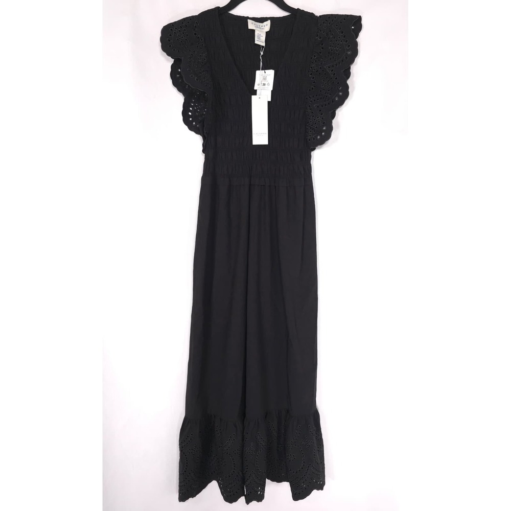 CALYPSO St Barth Womens New Midi Dress XS Boho Eyelet Smocked Flutter Sleeve - Picture 3 of 11